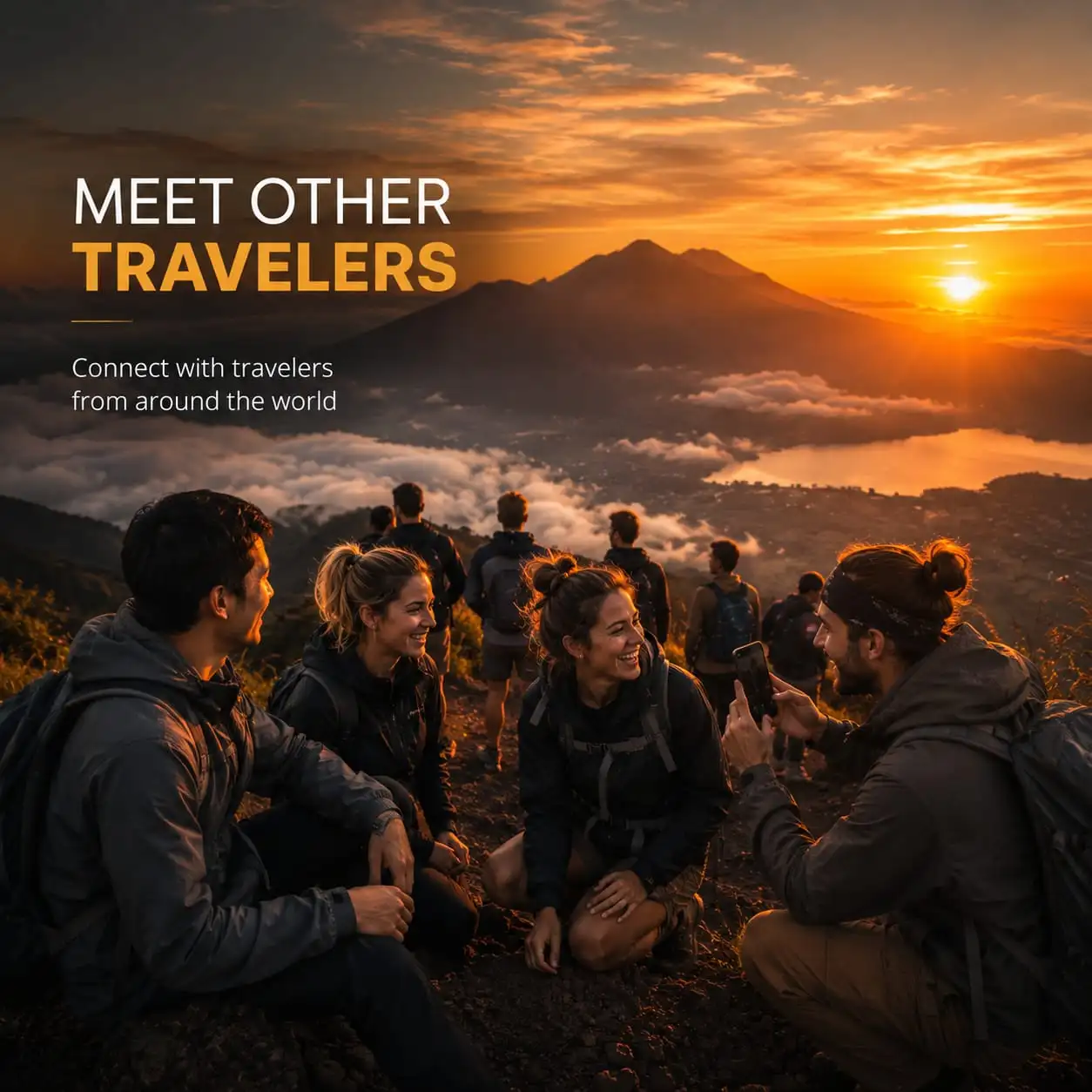 Travellers enjoying a Mount Batur sunrise shared trek in Bali