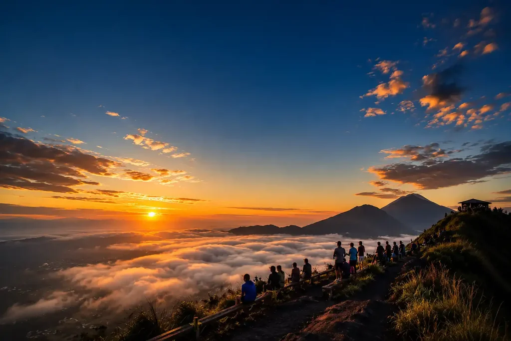 Mount Batur trekking group enjoying breakfast with banana and boiled egg at summit crater sunrise