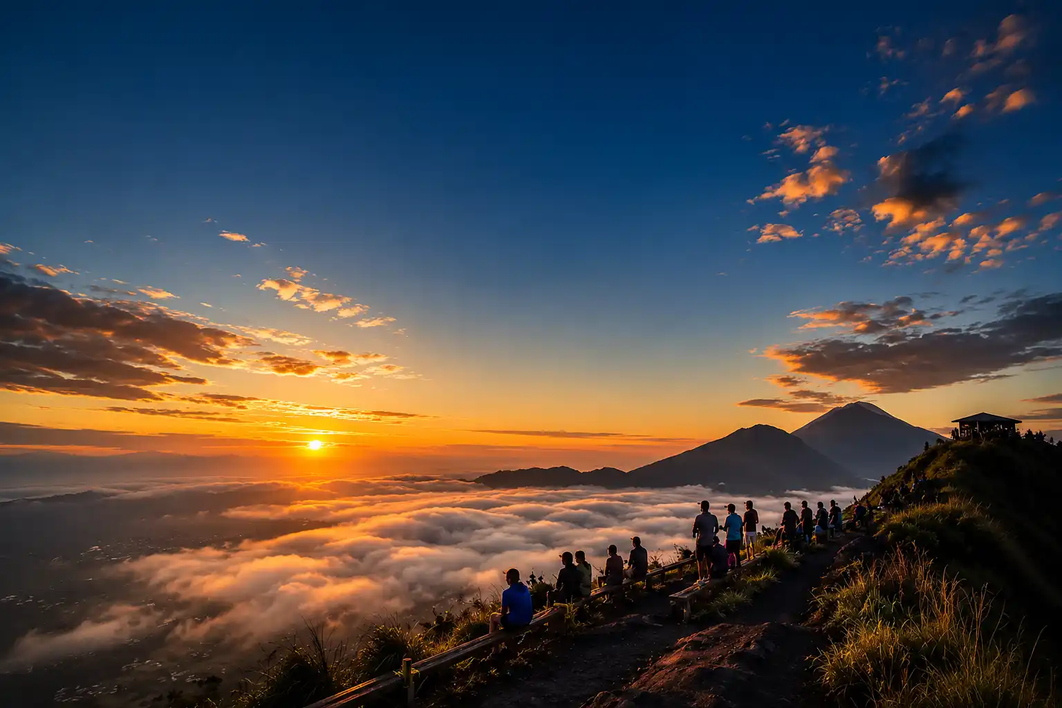 Mount Batur trekking trail path with volcanic sand and mountain view