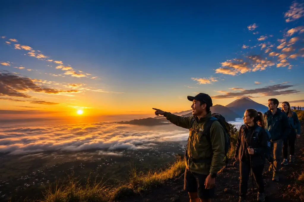 Mount Batur trekking path early morning with trekkers using headlamps before sunrise
